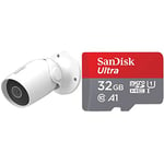 AKASO B60 Outdoor Security Camera, 1080P Waterproof Wifi CCTV Bullet Camera & SanDisk Ultra 32 GB microSDHC Memory Card + SD Adapter with A1 App Performance Up to 120 MB/s, Red/Grey