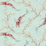 Asian Fusion Koi AS Creation Wallpaper Pale Teal 37462-1 Fish Cherry Flowers