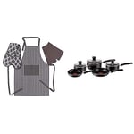 Tefal 5 Piece, Essential, Pots and Pans Set, Black, Aluminium, Non Stick with Penguin Home Apron, Double Oven Glove and 2 Kitchen Tea Towels Set - Grey