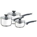 Prestige Stainless Steel Saucepan Set 14, 16 & 18cm - Induction Suitable Saucepan Set with Glass Straining Lids and Pouring Lips, Dishwasher Safe, Oven Safe, Durable Cookware