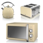 Swan Kitchen Appliance Retro Set - 20L Manual CREAM Microwave, 1.7L CREAM Dome Kettle & CREAM 4 Slice Modern Toaster Set