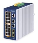 PLANET IP30 Industrial L2/L4 16-Port hanterad L2/L4 Gigabit Ethernet (10/100/1000) Strömförsörjning via Ethernet (PoE) stöd Gjuten aluminium, Blå