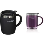 ThermoCafé by Thermos 105102 Desk Mug, Stainless Steel/Plastic, Soft Touch Black, 1 Count (Pack of 1) & Thermos 187097 ThermoCafé Translucent Desk Mug, Purple, 450 ml, 1 Count (Pack of 1)