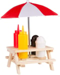 Ossian Picnic Table Condiment Holder – Mini Novelty Colourful Wooden Table Top Salt Pepper Ketchup Mustard Bottles and Caddy with Umbrella Parasol for BBQ Party Garden Picnic Pub Camping
