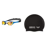 ARENA SWIM GOGGLES COBRA ULTRA SWIPE MIRROR-YELL/COPPER/BLUE & arena unisex swim cap classic silicone (reinforced edge, less slipping of the cap, soft), black-silver (55), one size