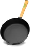 Poêle en fonte de 28 cm de 55 mm de haut avec manche en bois - Poele ronde - Poêle à frire à induction - Convient pour barbecue à gaz, four, foyer et tous feux dont induction