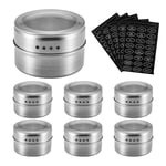 6Pcs Magnetic Spice Jars/Bottles with Spice Labels, Empty Storage Spice Containers Window Top w/Sift-Pour, Stainless Steel BBQ Spice Stickers Rack on Refrigerator/Grill