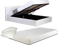 Direct Furniture Suppliers 4ft Small Double White Ottoman Lift Up Storage Faux Leather Bed + 6 Inch Deep Memory Foam Mattress + FREE Memory Foam Pillows