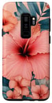 Coque pour Galaxy S9+ Fleurs d'hibiscus esthétiques - Pétales de corail et feuilles bleu sarcelle