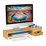 Relaxdays Support pour Moniteur en Bambou, Support écran Hauteur, HxLxP: 13x70x19 cm, tiroir & 7 Compartiments, Naturel