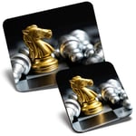 Mouse Mat & Coaster Set - Golden Knight Chess Board Game 23.5 x 19.6 cm & 9 x 9 cm for Computer & Laptop, Office, Gift, Non-slip Base #16163