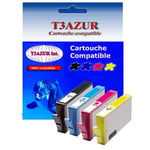 Lot de 4 Cartouches compatibles type T3AZUR pour HP DeskJet 3522 (1Bk+1C+1M+1J)- T3AZUR (Noir et Couleur)