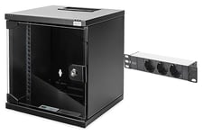 DIGITUS Set: Armoire réseau 10" 6U + Bloc multiprise PDU 3 Ports // Rack 10 Pouces - Montage Mural - h x l x p 330 x 312 x 300 mm - Charge 30kg - Profondeur utile 240mm - Noir