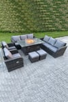 Outdoor Rattan  High Back Sofa Set Fire Pit Dining Table Gas Heater 2 Recling Chairs Footstools 10 Seater