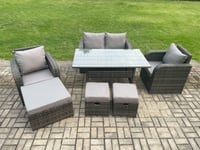 Rattan Outdoor Garden Furniture Set Rectangular Dining Table and Chair Sofa Set With 3 Footstools
