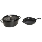 Staub Cast Iron Roaster/Cocotte, Oval 37 cm, 8 L, Black & Cast Iron Fry Pan, Black, 25 cm