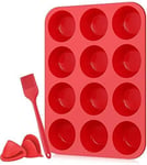 Mini Muffin Silicone Tray Trays for Baking 12 Silicone Moulds Non Stick Large with BBQ Brush and 2 Pcs Mini Pot Holder, Silicone Mould for Home (1 Pack 12 Cups+Brush+ 2 Pcs Mini Holder, Red)