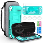 Hianjoo Case Compatible with Switch Lite 2019, 8 in 1 Carrying Pouch with 10 Card Slots Storage, Accessories Kit with Back Cover, 2 Tempered Glass Screen Protector, 4 Thumb Grip Caps -Grey,Turquoise