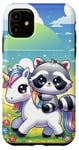 Coque pour iPhone 11 Kawaii Raccoon on Unicorn Daydream