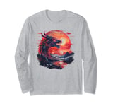 Mythical black red dragon with sunset mountains Asian art Long Sleeve T-Shirt