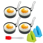 Non-Stick Egg Ring Mould 4 PCS, Egg Cooking Tool with Handles, Pancake Ring for Egg Muffins, Pancakes, Egg Rings for Frying Lncludes 1 Free Oil Spray Brush 2 Free Silicone Pot Holder Mitt （Black）