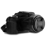 MegaGear MG1533 Nikon Coolpix P1000 Ever Ready - Demi Étui en Cuir avec Bandoulière - Noir