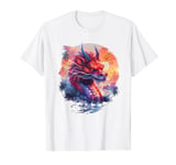 Fierce mythical red dragon sunset palm trees birds Asian art T-Shirt