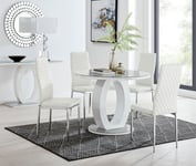 Giovani Round 4 Seat 100cm White High Gloss Halo Base Grey Glass Top Dining Table 4 Soft Faux Leather Silver Leg Milan Chairs