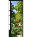 Sticker mural 204 cm X 83 cm pour porte coulissante, décor jardin japonais avec verdure, nénuphars et passerelle rouge.