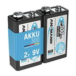 ANSMANN 9V Block Batteries [Pack of 2] 300mAh NiMH Precharged Rechargeable 9V E-Block Battery for Walkie Talkies, Speakers, Microphones, Multimeters, Clock Radios, Remote Control Cars, Toys