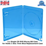 3 x Single 7mm Spine Blue Transparent Bluray Replacement Case Holding 1 Disc BD