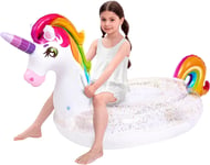 JOYIN Inflatable Unicorn Pool Float with Glitters Ride On Unicorn Raft, Pool for