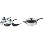 Tefal Comfort Max, Pan Set, 14cm Milkpan, 16cm and 18cm Saucepans with Lids, 20cm and 24cm Frying & 26cm Comfort Max Stainless Steel Non-Stick Saute Pan and Lid, Silver