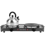 Progress EK4399P Electric Twin Hot Plate - Dual Temperature Controls, Portable Hob Rings, Easy Grip Carry Handles, Non-Slip Tabletop & Outdoor BBQ Cooking, Compact Living, Holiday Homes/Caravans 1500W