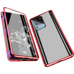Case for Samsung Galaxy S20 Ultra Magnetic Cover wih Camera Lens Protector 360° Metal Bumper Transparent Front and Back Tempered Glass One-piece Design Full Body Protective Flip Cover,Red