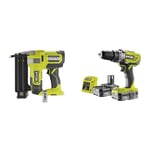 RYOBI R18GN18-0 18V ONE Plus Cordless 18 Gauge Nailer Bare Tool, One Size, Hyper Green & R18PD3-215GZ 18 V ONE+ Cordless Combi Drill Starter Kit (2 x 1.5 Ah), Hyper Green