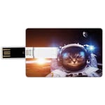 64G USB Flash Drives Credit Card Shape Space Cat Memory Stick Bank Card Style Kitten in Space Suit Sun Lunar Eclipse Over Planet Stars Image,White Orange and Dark Blue Waterproof Pen Thumb Lovely Jump