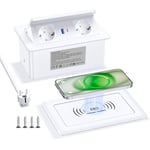 Prise escamotable avec USB C PD 20 W et 15 W - Chargeur sans fil - Prise de table escamotable - Pour plan de travail, table de canapé, maison, bureau - Câble de 1,8 m - Blanc