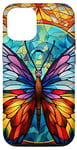 Coque pour iPhone 15 Pro Papillon bleu et jaune en verre teinté portrait insecte art
