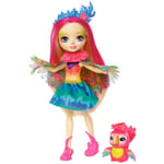 Enchantimals Mini-poupée Peeki Perroquet et Figurine Animale Sheeny, aux cheveux roses fuchsia avec jupe à motifs en tissu, Jouet enfant, FJJ21