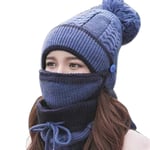 Starall 3 in 1 Winter Knitted Beanie Hat and Scarf Set,Women Warm Scarf Set Thickend Knitted Hat Scarf Face Cover Pom Pom Cap for Indoor and Outdoor Sports (Beige) (Blue)