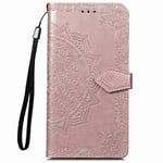 Moto G8 Power Lite Case, Mandala Embossed New PU Leather Flip Shockproof Wallet Phone Case TPU Bumper Slim Protective Cover for Motorola Moto G8 Power Lite with Card Holder Magnetic Stand, Rose Gold