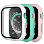 Dirrelo 3 Pack PC Case Compatible with Apple Watch Series 6/5/4/SE 44mm Tempered Glass Screen Protector, Full Cover Thin All-Around HD Protective Bumper Case for iwatch 6/5/4, White/Green/Pink
