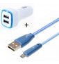 Pack Chargeur Voiture Pour Iphone Se 2020 Lightning (Cable Smiley + Double Adaptateur Led Allume Cigare) Apple - Bleu