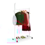 Relaxdays Portant sur Roues, HxLxP : 165 x 80 x 44 cm, métal, Rangement Mobile pour vêtements, penderie pivotante, Blanc
