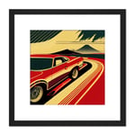 Japan Retro Muscle Car Mount Fuji Illustration Classic Square Wooden Framed Wall Art Print Picture 8X8 Inch