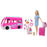 Barbie Camper | DreamCamper Vehicle Playset | 60+ Barbie Accessories and Furniture Pieces​ & Travel Doll - Blonde Doll with Puppy & Opening Pink Suitcase - Collapsing Handle - Sticker Sheet