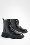 Womens Lace Up Chunky Croc Hiker Boots - Black - 5, Black