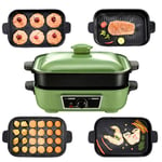 XMZFQ 5 in 1 Multifuction Electric BBQ/Hot Pot/Takoyaki/Frying Pan/Dorayaki Machine, Korean Barbecue Grill, Non-Stick Coating Multi Plate 5-Piece Set,Green
