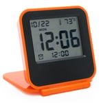 JCC Multifunction Mini Square Pocket Size Portable Folding Electronic Travel Digital Alarm Clock with Alarm clock, Calendar, Temperature, Backlight, Repeating Snooze - Battery Operated (Orange)